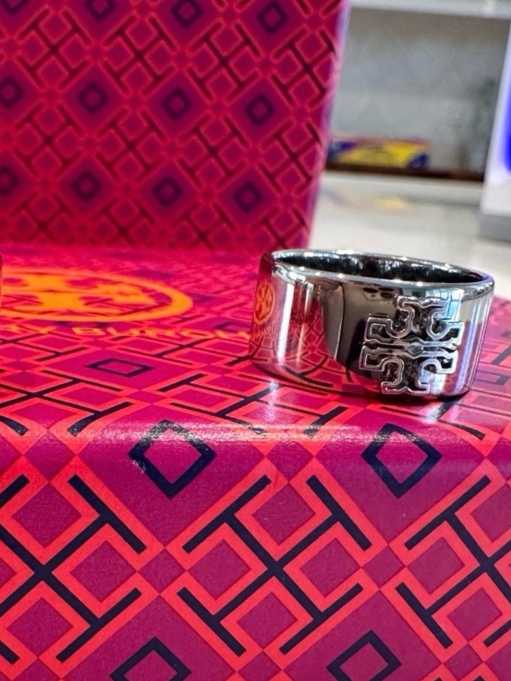 Tory Burch Silver Logo Band Ring